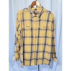 Eddie Bauer Women's 2X Yellow Navy Plaid Snap Front Shirt Plus Size Raw Hem